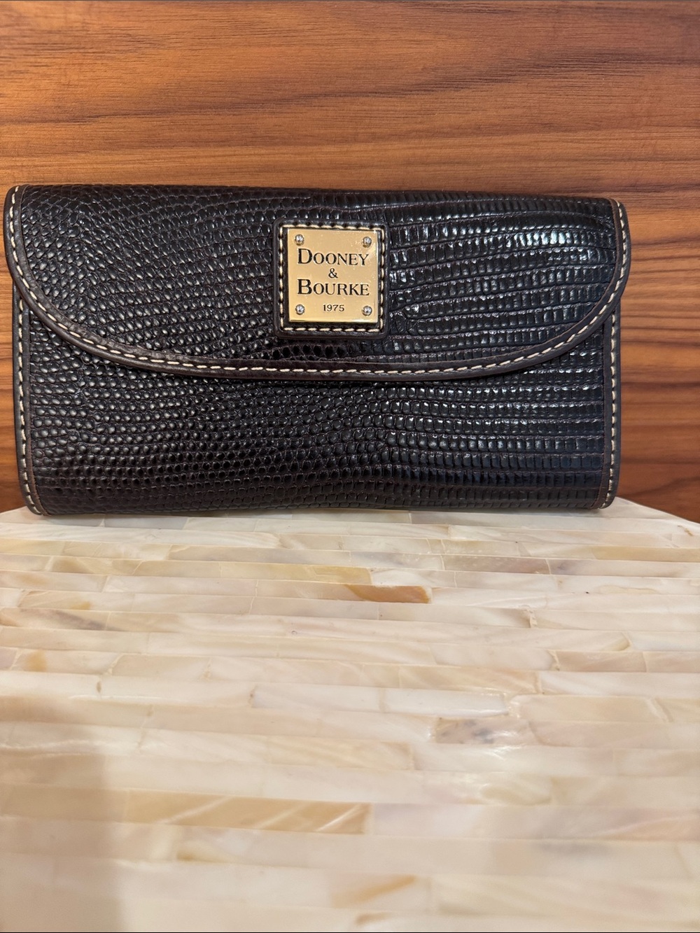 Dooney & Bourke Black Embossed Leather Clutch Wallet with Gold Logo